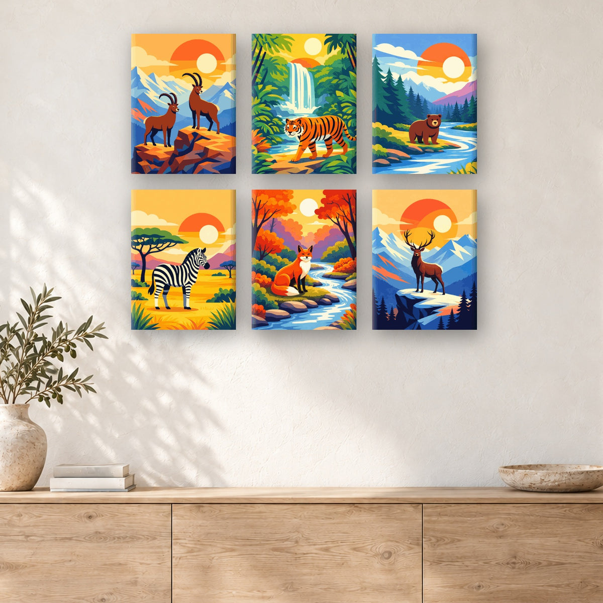 Coffret de 6 peintures par numéro Animaux Sauvages du Monde, mini-toiles présentées au mur, Maison Artsen