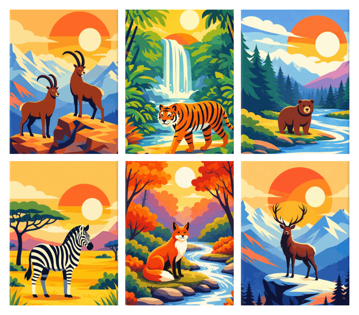 Coffret de 6 peintures par numéro Animaux Sauvages du Monde, les mini-toiles à plat, Maison Artsen