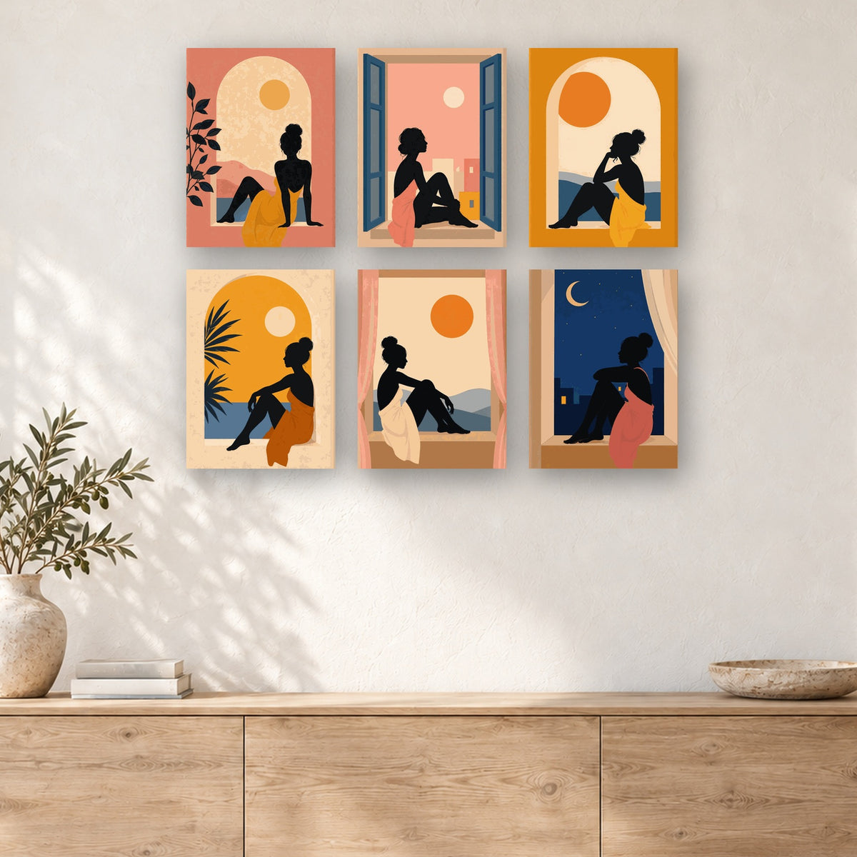 Coffret de 6 peintures par numéro Rêveuses à la Fenêtre, mini-toiles présentées au mur, Maison Artsen
