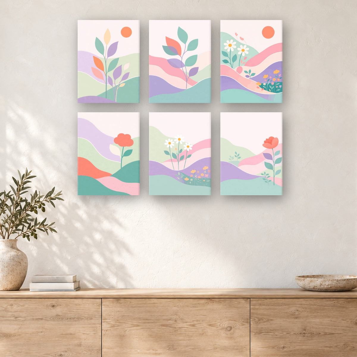 Coffret de 6 peintures par numéro Vagues Pastel Fleuries, mini-toiles présentées au mur, Maison Artsen