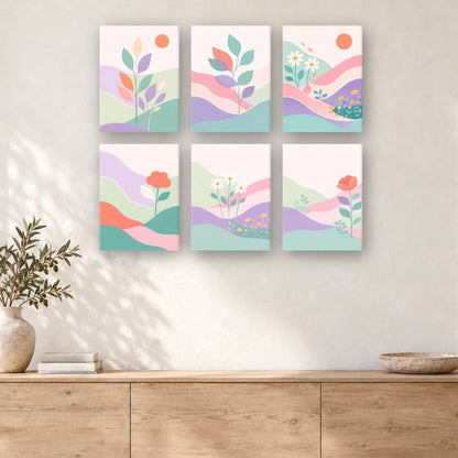 Coffret de 6 peintures par numéro Vagues Pastel Fleuries, mini-toiles présentées au mur, Maison Artsen
