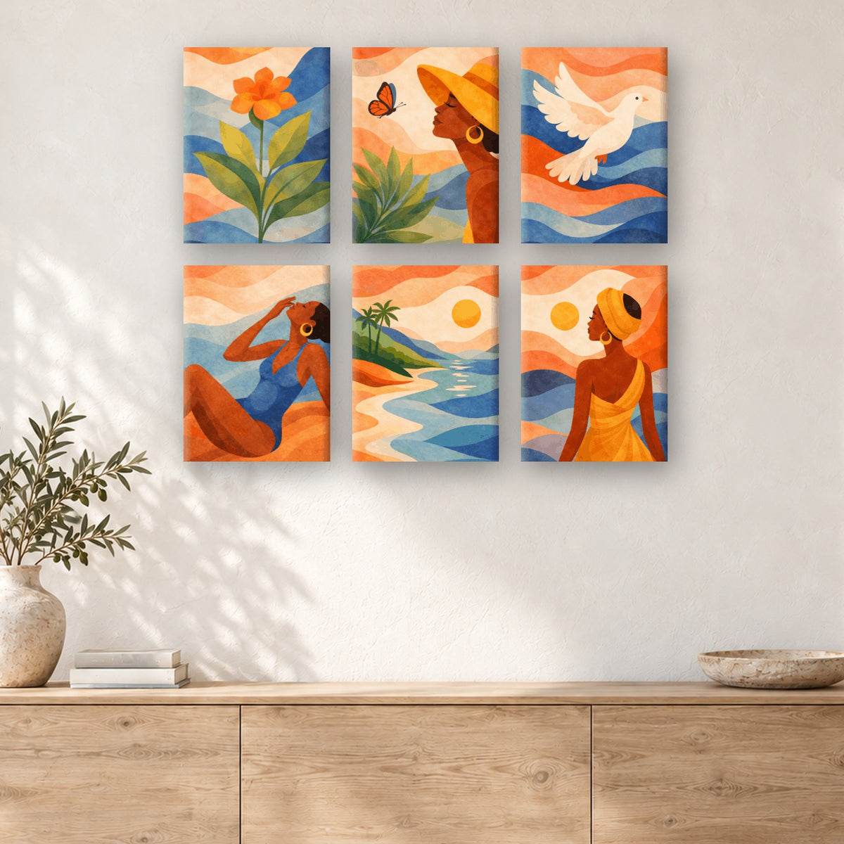 Coffret de 6 peintures par numéro Muses du Soleil, mini-toiles présentées au mur, Maison Artsen