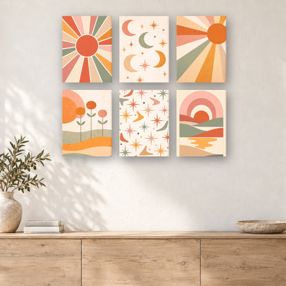 Coffret de 6 peintures par numéro Soleil et Lune Bohèmes, mini-toiles présentées au mur, Maison Artsen