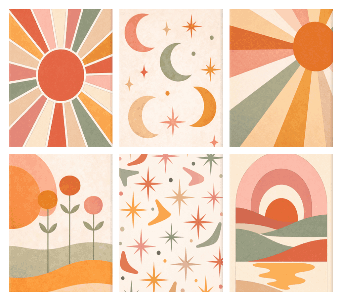 Coffret de 6 peintures par numéro Soleil et Lune Bohèmes, les mini-toiles à plat, Maison Artsen