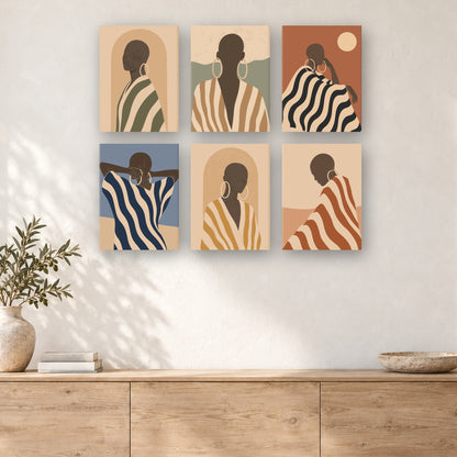 Coffret de 6 peintures par numéro Femmes au Châle Rayé, mini-toiles présentées au mur, Maison Artsen