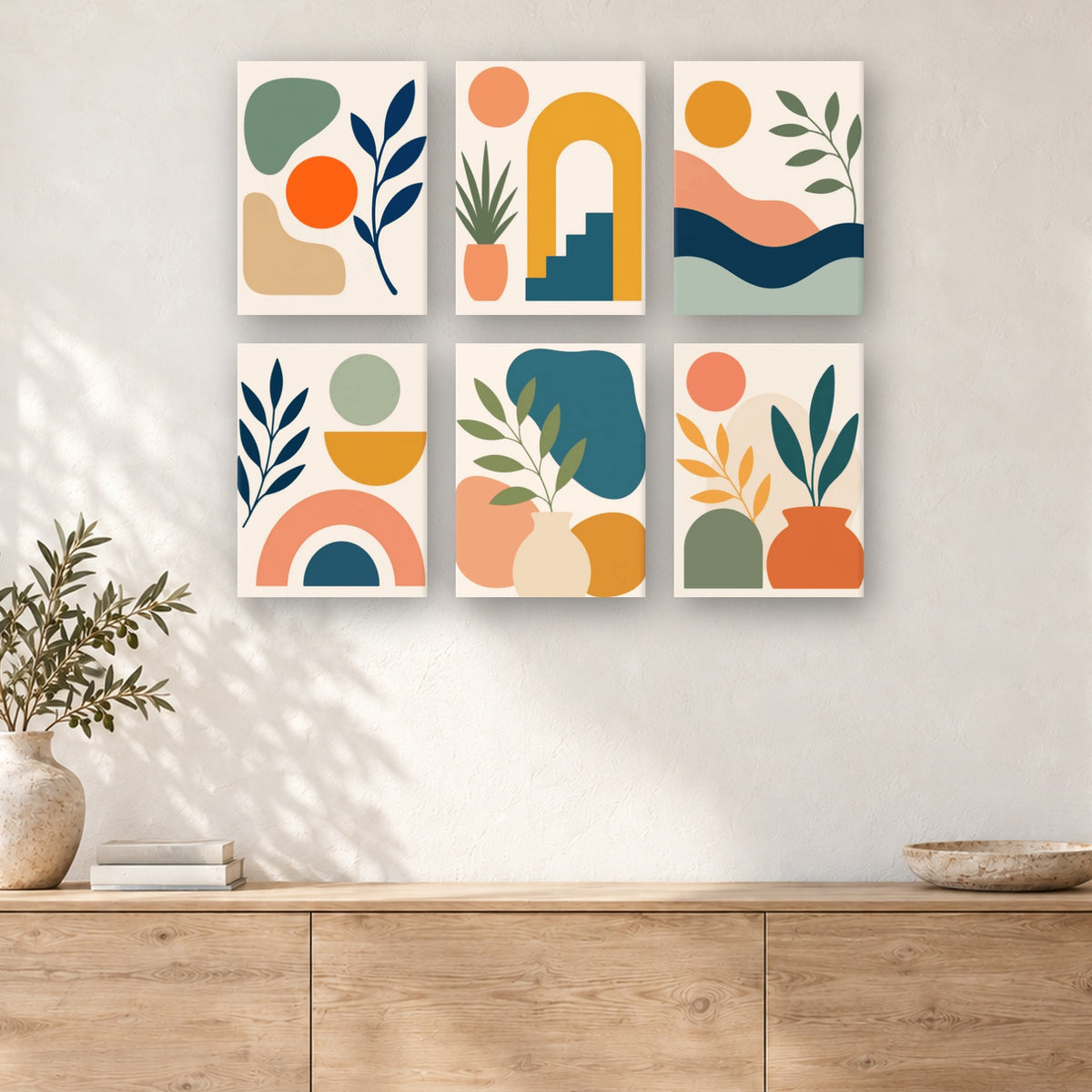 Coffret de 6 peintures par numéro Arches et Feuillages, mini-toiles présentées au mur, Maison Artsen