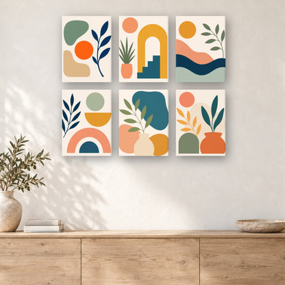 Coffret de 6 peintures par numéro Arches et Feuillages, mini-toiles présentées au mur, Maison Artsen