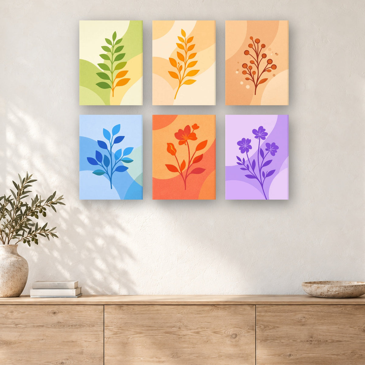 Coffret de 6 peintures par numéro Brins de Nature, mini-toiles présentées au mur, Maison Artsen