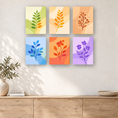 Coffret de 6 peintures par numéro Brins de Nature, mini-toiles présentées au mur, Maison Artsen