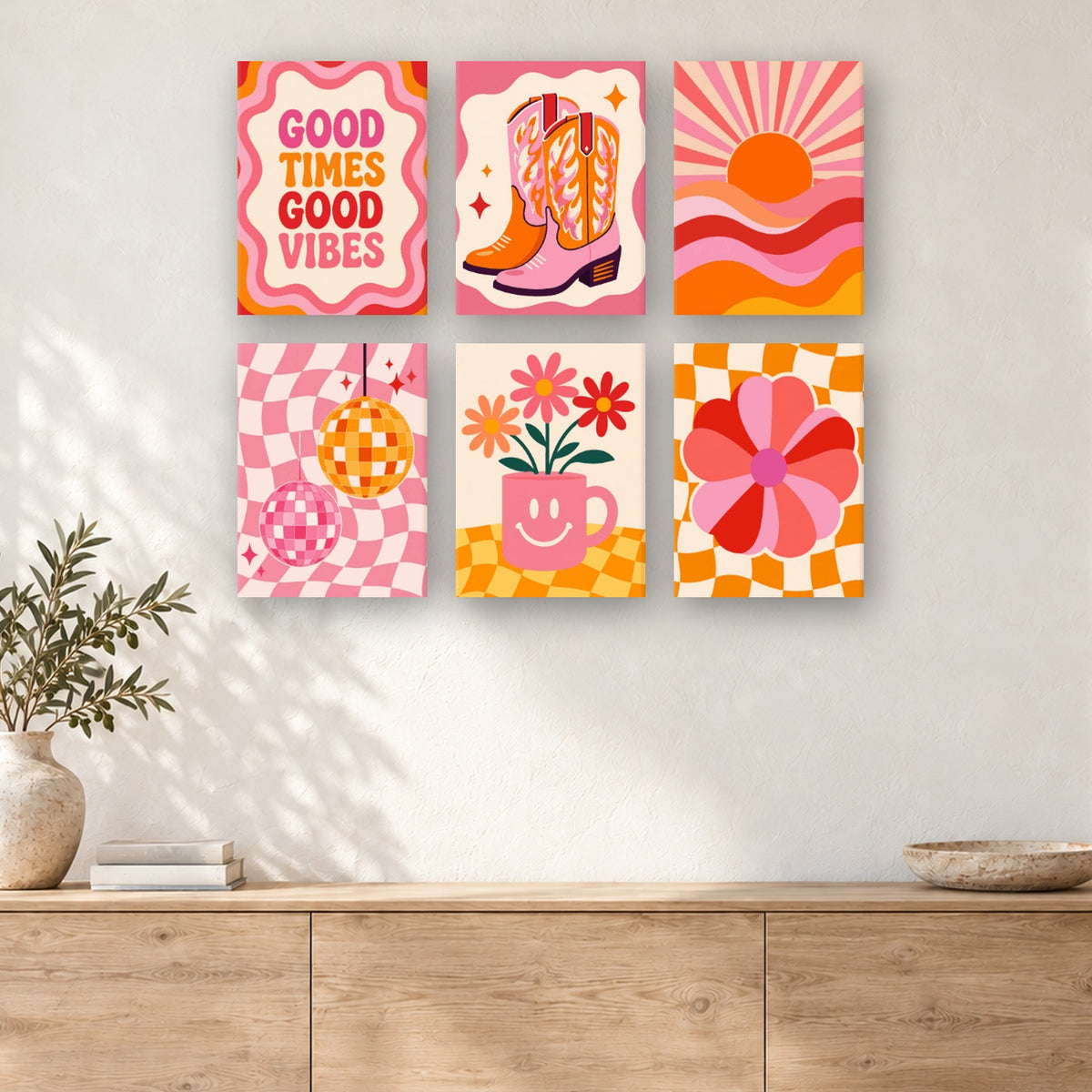 Coffret de 6 peintures par numéro Bottes et Boule Disco, mini-toiles présentées au mur, Maison Artsen