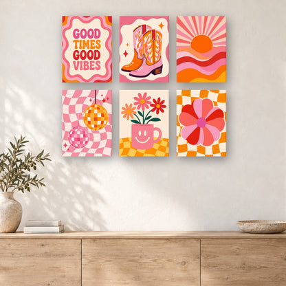 Coffret de 6 peintures par numéro Bottes et Boule Disco, mini-toiles présentées au mur, Maison Artsen