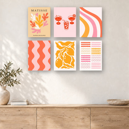Coffret de 6 peintures par numéro Papiers Découpés Corail, mini-toiles présentées au mur, Maison Artsen