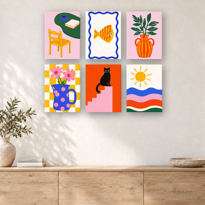 Coffret de 6 peintures par numéro Douceurs de Méditerranée, mini-toiles présentées au mur, Maison Artsen