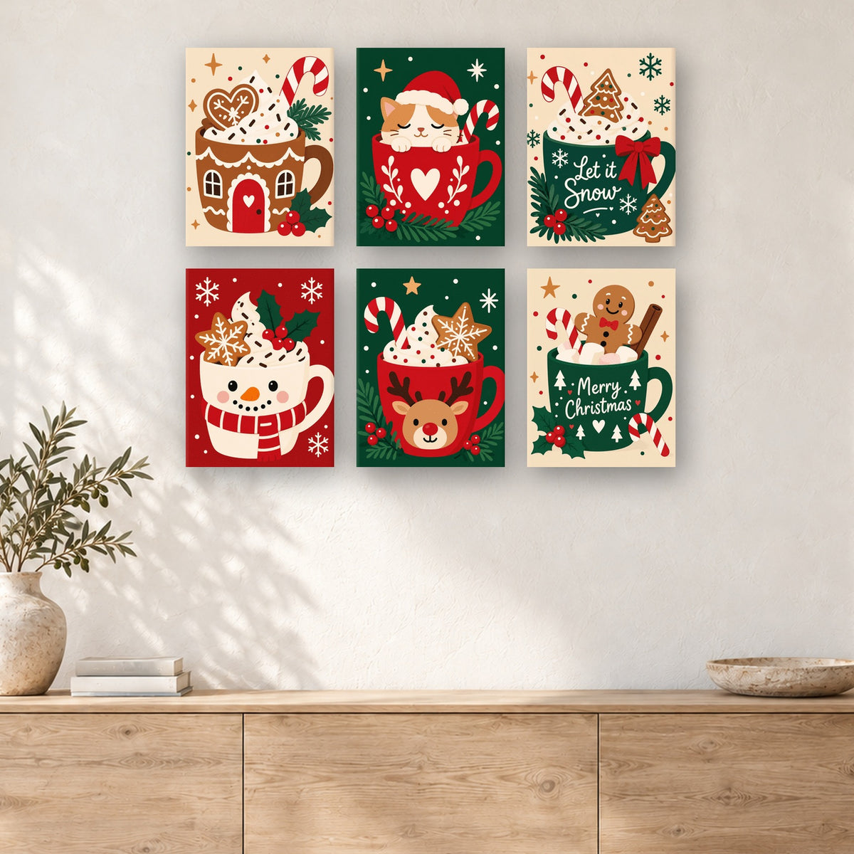 Coffret de 6 peintures par numéro Tasses Gourmandes de Noël, mini-toiles présentées au mur, Maison Artsen
