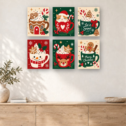 Coffret de 6 peintures par numéro Tasses Gourmandes de Noël, mini-toiles présentées au mur, Maison Artsen