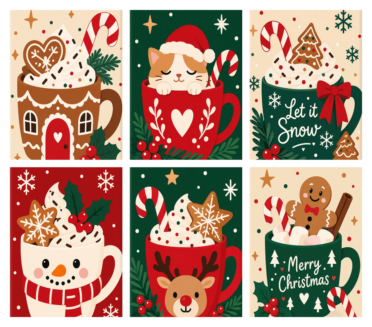Coffret de 6 peintures par numéro Tasses Gourmandes de Noël, les mini-toiles à plat, Maison Artsen