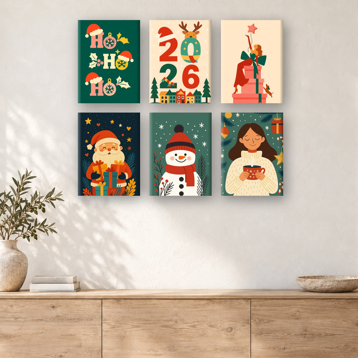 Coffret de 6 peintures par numéro Hiver Ho Ho Ho, mini-toiles présentées au mur, Maison Artsen