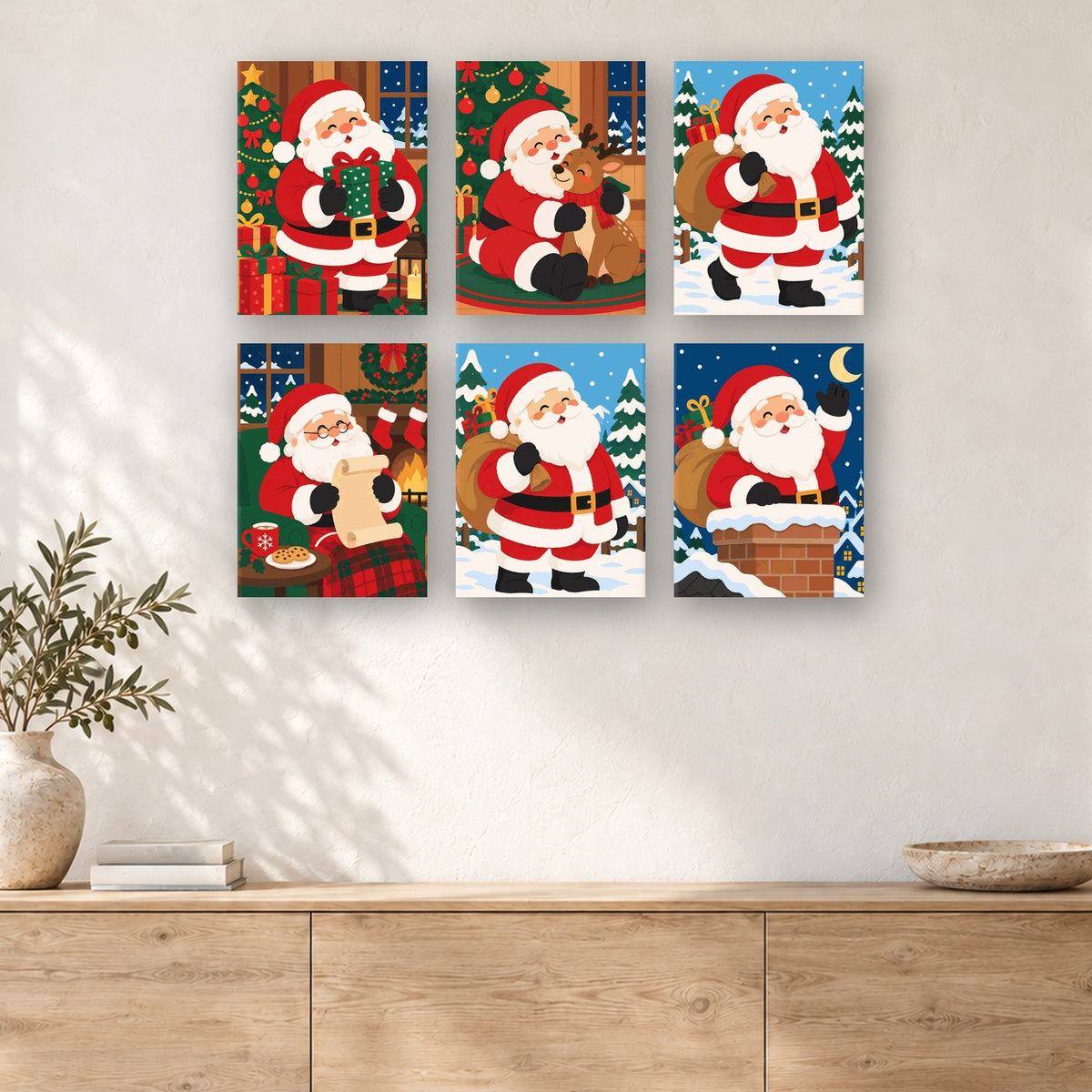 Coffret de 6 peintures par numéro Père Noël au Travail, mini-toiles présentées au mur, Maison Artsen