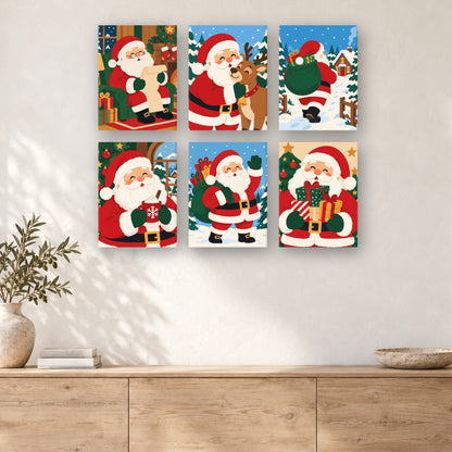 Coffret de 6 peintures par numéro Père Noël Tout Sourire, mini-toiles présentées au mur, Maison Artsen