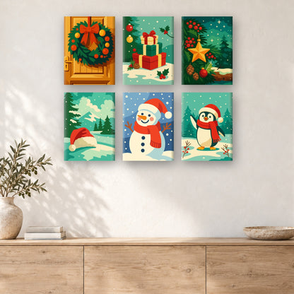 Coffret de 6 peintures par numéro Couronne, Étoile et Pingouin, mini-toiles présentées au mur, Maison Artsen