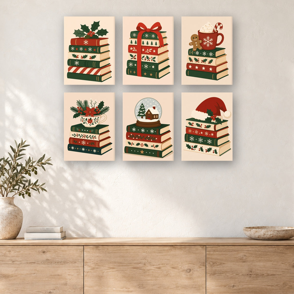 Coffret de 6 peintures par numéro Piles de Livres de Noël, mini-toiles présentées au mur, Maison Artsen