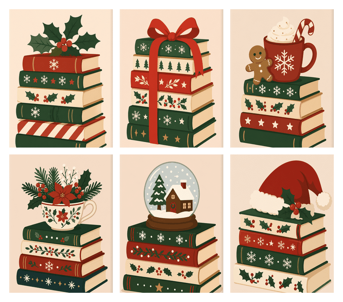 Coffret de 6 peintures par numéro Piles de Livres de Noël, les mini-toiles à plat, Maison Artsen