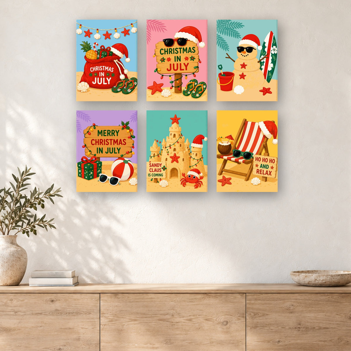 Coffret de 6 peintures par numéro Noël à la Plage, mini-toiles présentées au mur, Maison Artsen