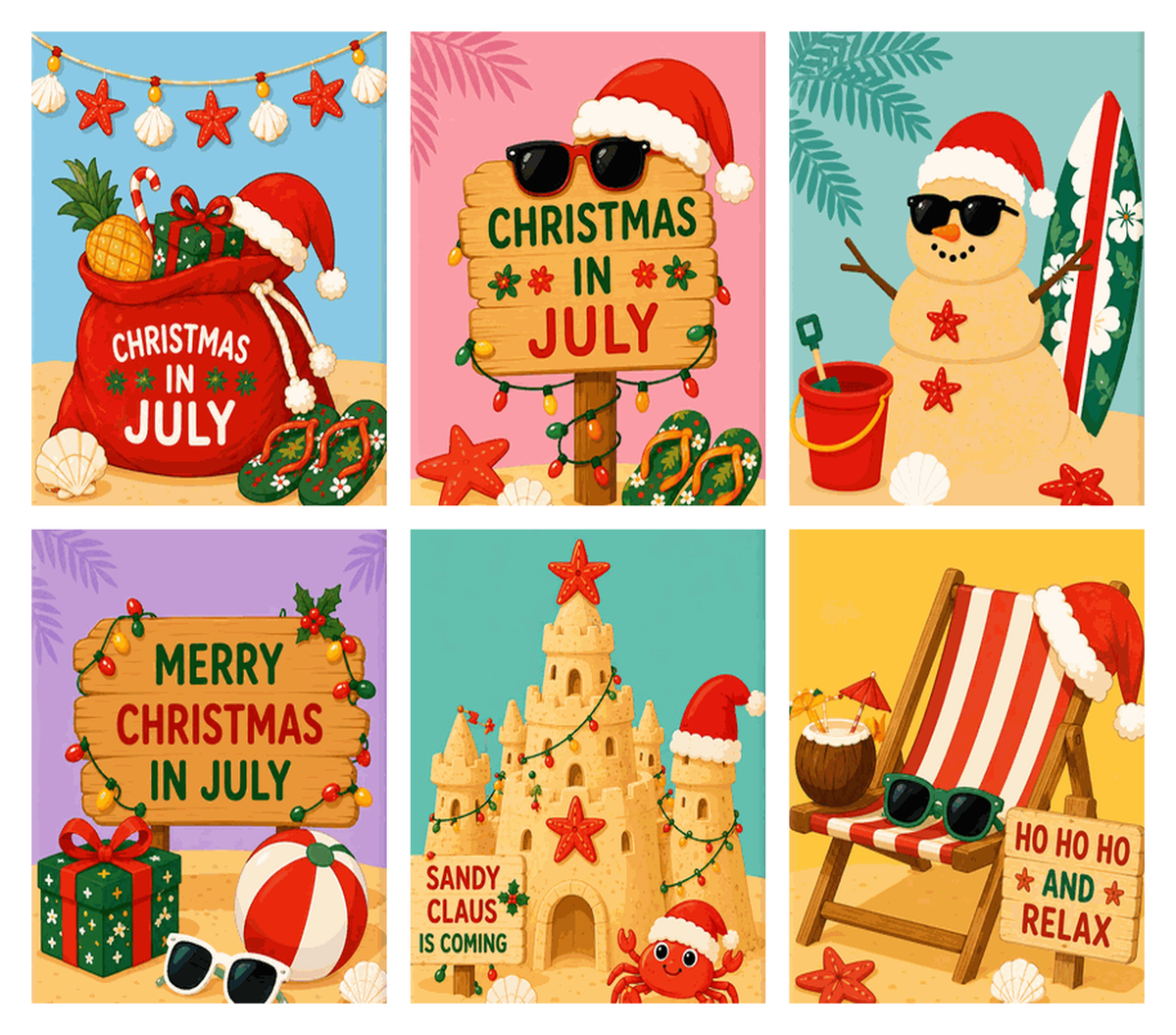 Coffret de 6 peintures par numéro Noël à la Plage, les mini-toiles à plat, Maison Artsen