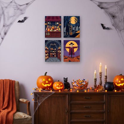 Coffret 4 mini-toiles Apothicaire de la Sorcière accrochées dans un salon décoré pour Halloween — Maison Artsen