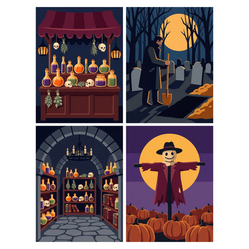 Coffret 4 peintures par numéro Apothicaire de la Sorcière – potions, cimetière au clair de lune, cave et épouvantail – Maison Artsen