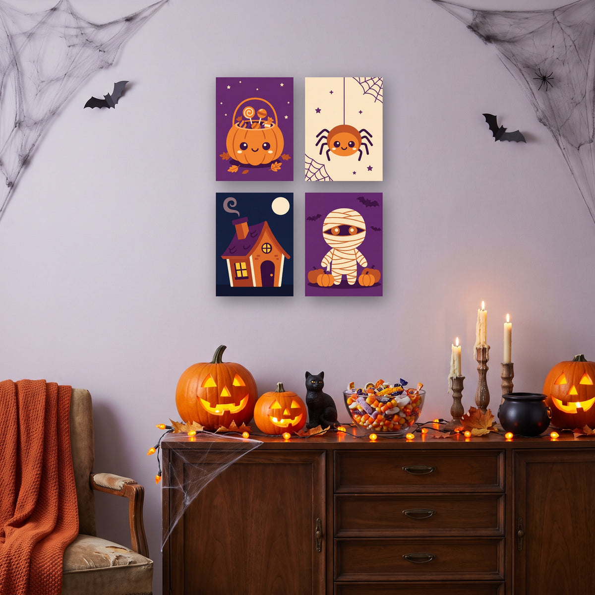 Coffret 4 mini-toiles Bonbons et Toiles d'Araignée accrochées dans un salon décoré pour Halloween — Maison Artsen