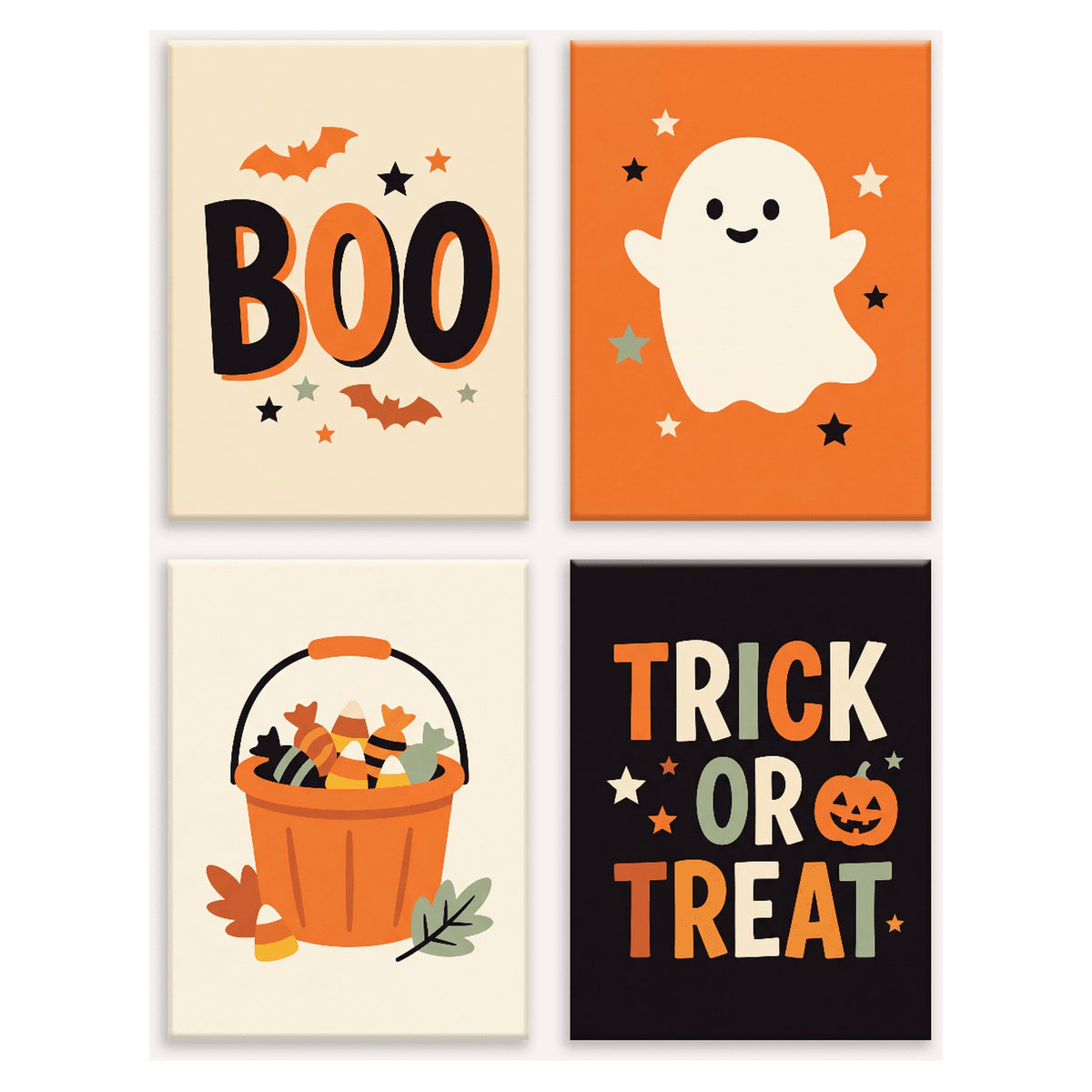 Coffret 4 peintures par numéro Bouh et Bonbons – fantôme, seau de bonbons et lettrages rétro – Maison Artsen