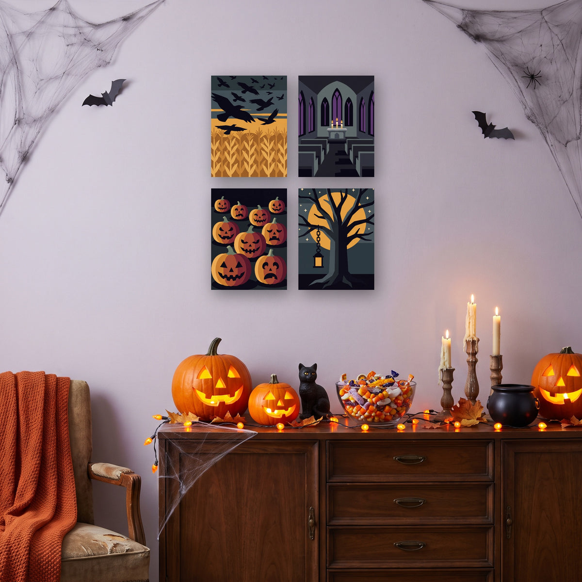 Coffret 4 mini-toiles Brume d'Octobre accrochées dans un salon décoré pour Halloween — Maison Artsen