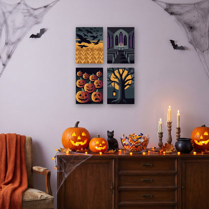 Coffret 4 mini-toiles Brume d'Octobre accrochées dans un salon décoré pour Halloween — Maison Artsen
