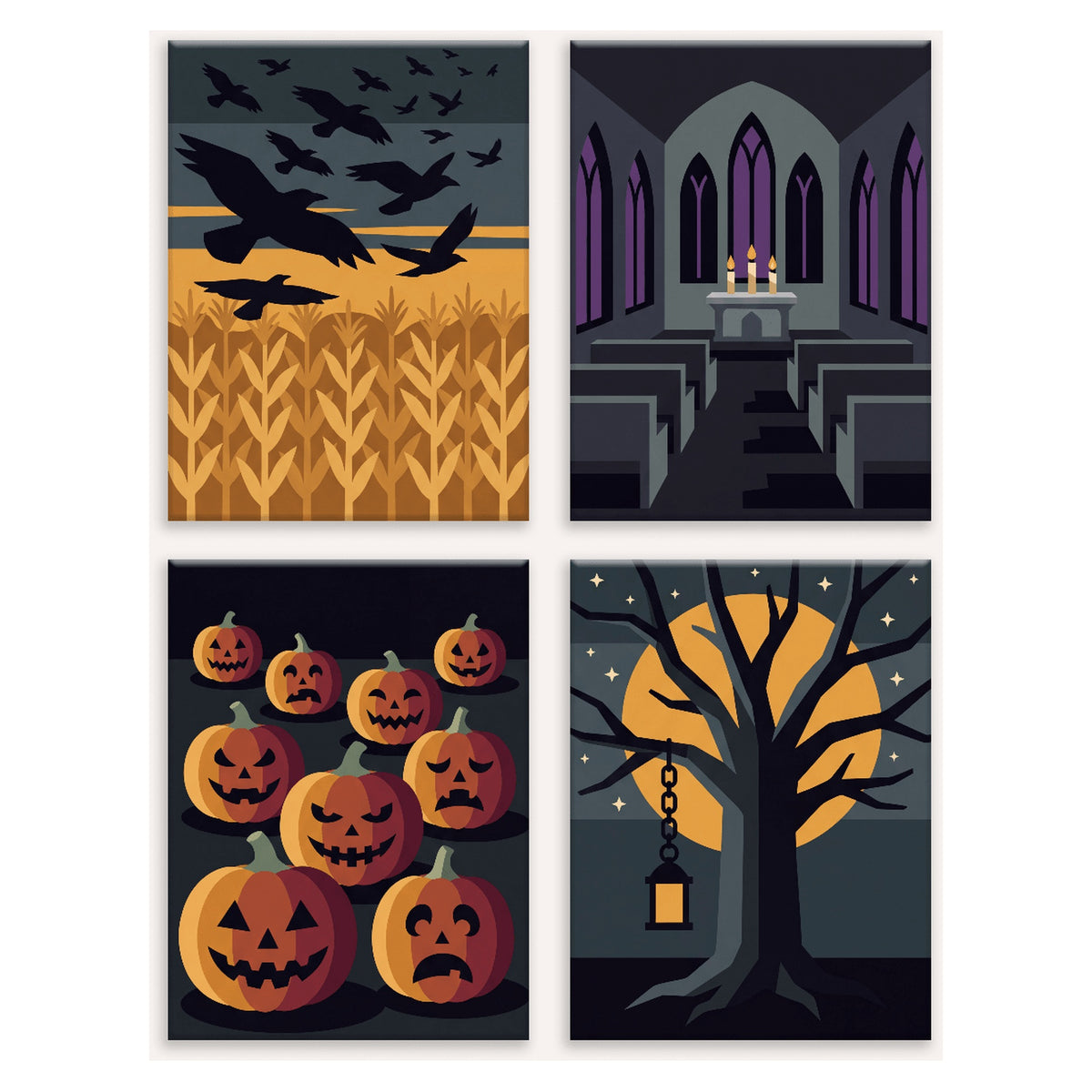 Coffret 4 peintures par numéro Brume d'Octobre – corbeaux, nef gothique, citrouilles et lanterne sous la lune – Maison Artsen