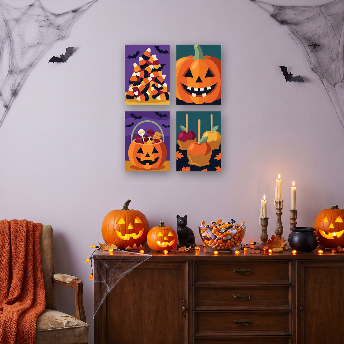 Coffret 4 mini-toiles Butin de Bonbons accrochées dans un salon décoré pour Halloween — Maison Artsen
