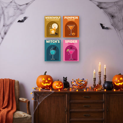 Coffret 4 mini-toiles Carte des Cocktails Hantés accrochées dans un salon décoré pour Halloween — Maison Artsen