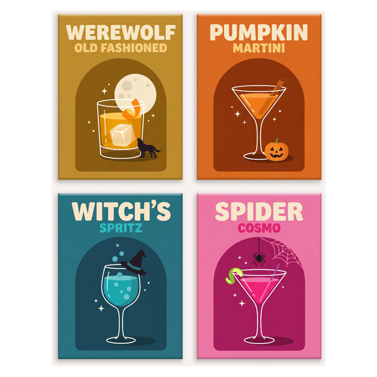 Coffret 4 peintures par numéro Carte des Cocktails Hantés – quatre affiches de cocktails aux couleurs franches – Maison Artsen