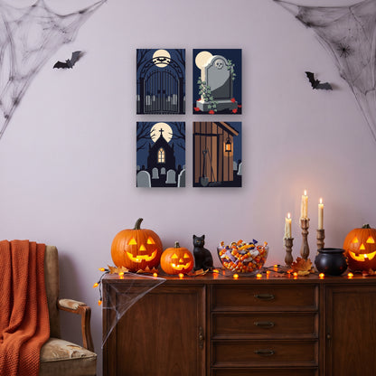 Coffret 4 mini-toiles Chapelle sous la Lune accrochées dans un salon décoré pour Halloween — Maison Artsen