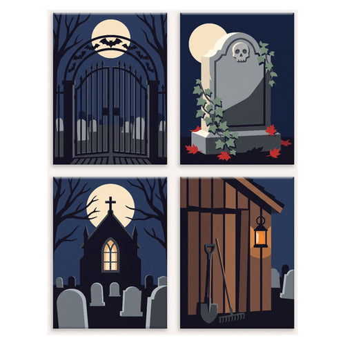 Coffret 4 peintures par numéro Chapelle sous la Lune – cimetière, chapelle et lanterne sous la pleine lune – Maison Artsen