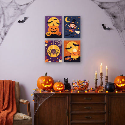 Coffret 4 mini-toiles Charme de Sorcière accrochées dans un salon décoré pour Halloween — Maison Artsen