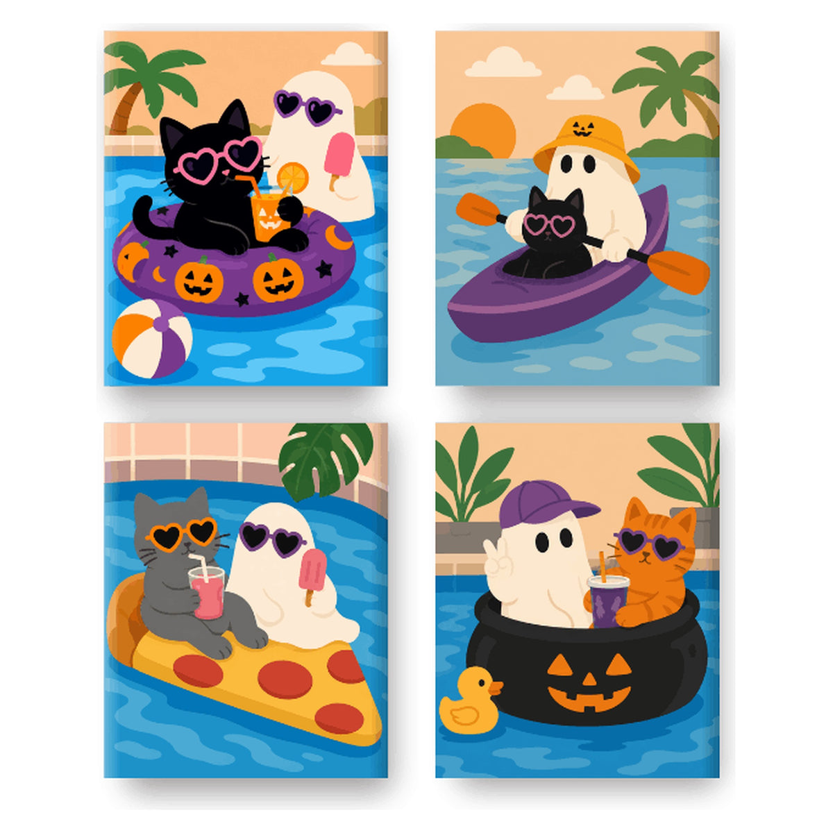 Coffret 4 peintures par numéro Chats et Fantômes à l'Eau – chats et fantômes en bouée dans la piscine – Maison Artsen