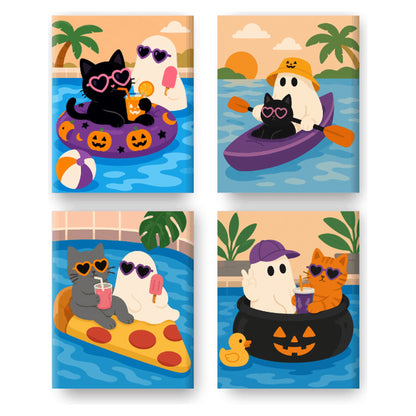 Coffret 4 peintures par numéro Chats et Fantômes à l'Eau – chats et fantômes en bouée dans la piscine – Maison Artsen