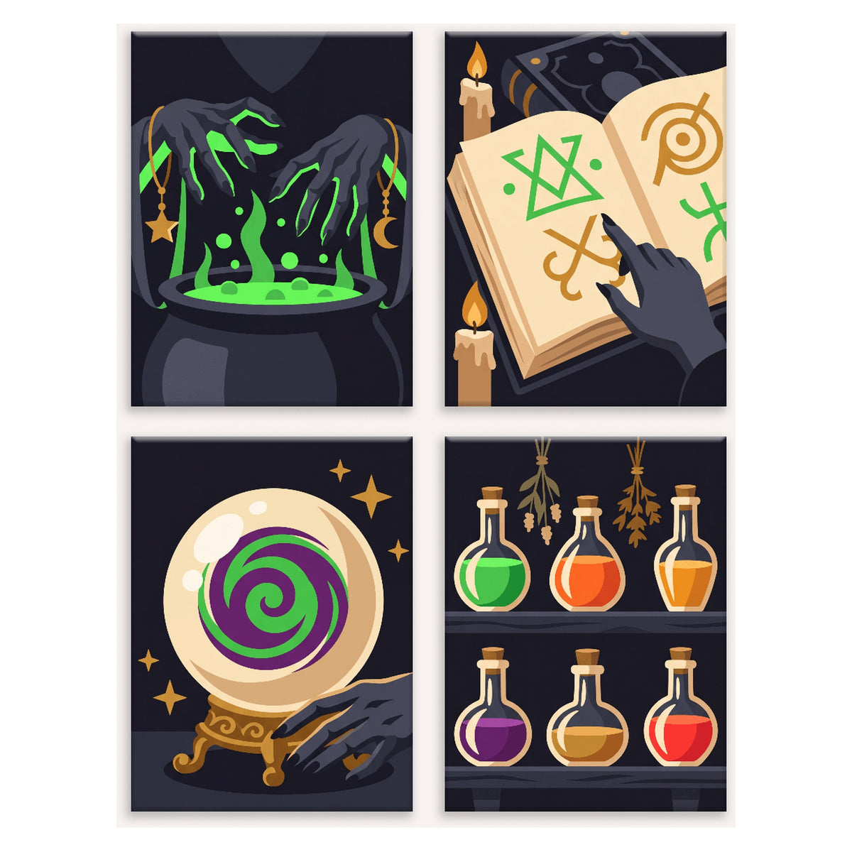 Coffret 4 peintures par numéro Chaudron et Grimoire – chaudron, grimoire, boule de cristal et potions – Maison Artsen