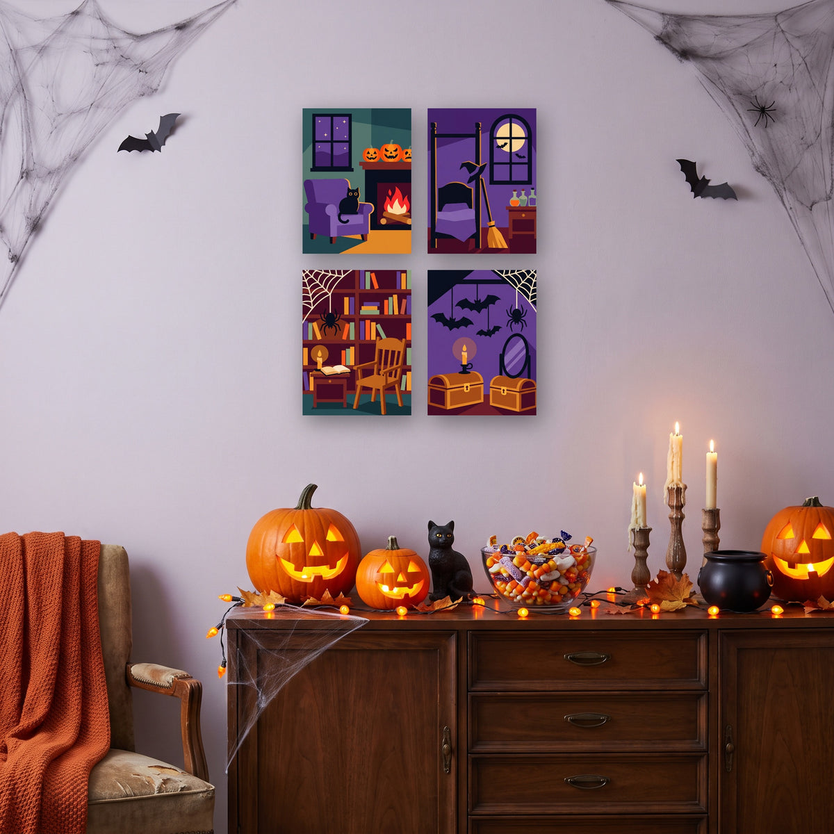 Coffret 4 mini-toiles Chez la Sorcière accrochées dans un salon décoré pour Halloween — Maison Artsen