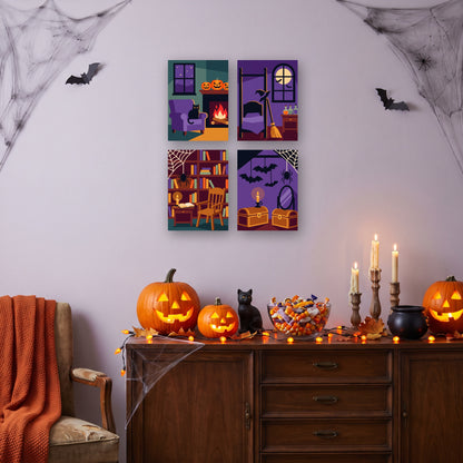 Coffret 4 mini-toiles Chez la Sorcière accrochées dans un salon décoré pour Halloween — Maison Artsen
