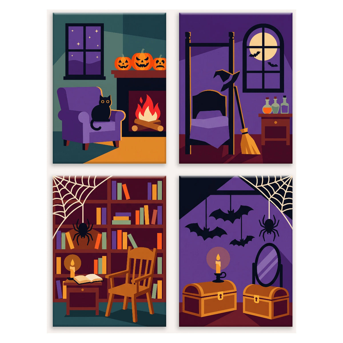 Coffret 4 peintures par numéro Chez la Sorcière – chat au coin du feu, chambre, bibliothèque et grenier – Maison Artsen