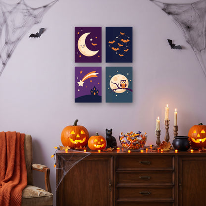 Coffret 4 mini-toiles Ciel Étoilé d'Octobre accrochées dans un salon décoré pour Halloween — Maison Artsen