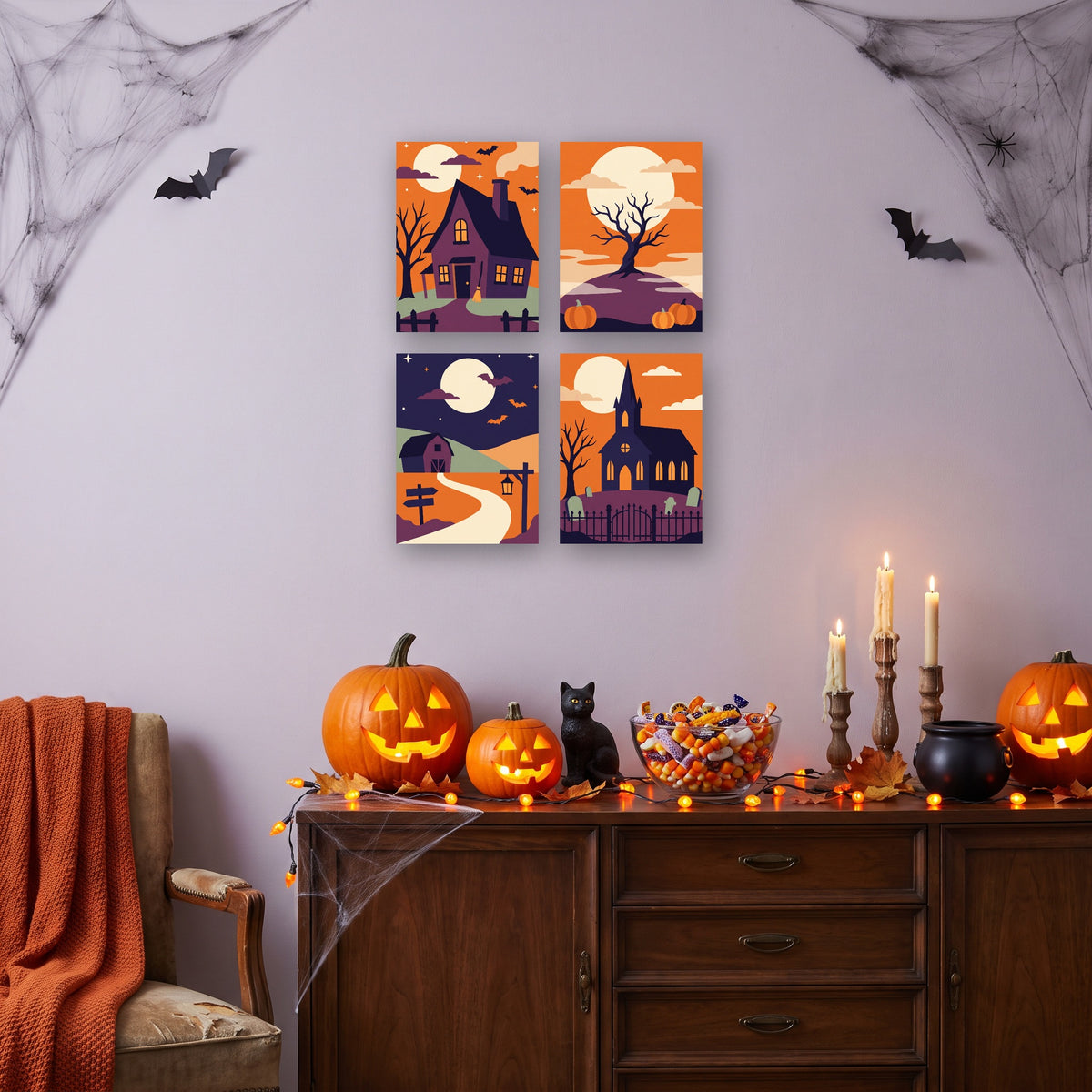 Coffret 4 mini-toiles Ciel Orange de Minuit accrochées dans un salon décoré pour Halloween — Maison Artsen