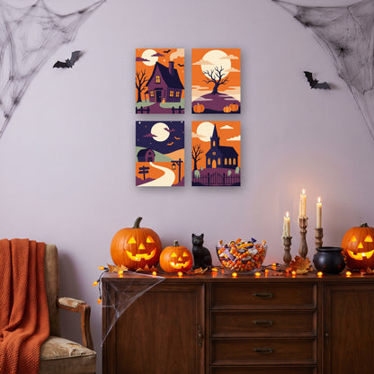 Coffret 4 mini-toiles Ciel Orange de Minuit accrochées dans un salon décoré pour Halloween — Maison Artsen